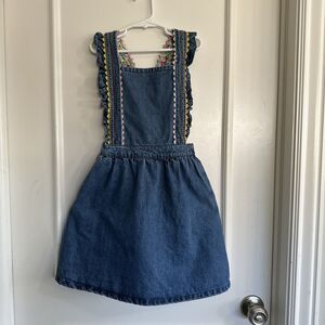 Mini Boden Girls Size 8-9 Denim Overalls Dress Jumper Ruffle Straps Elastic Blue